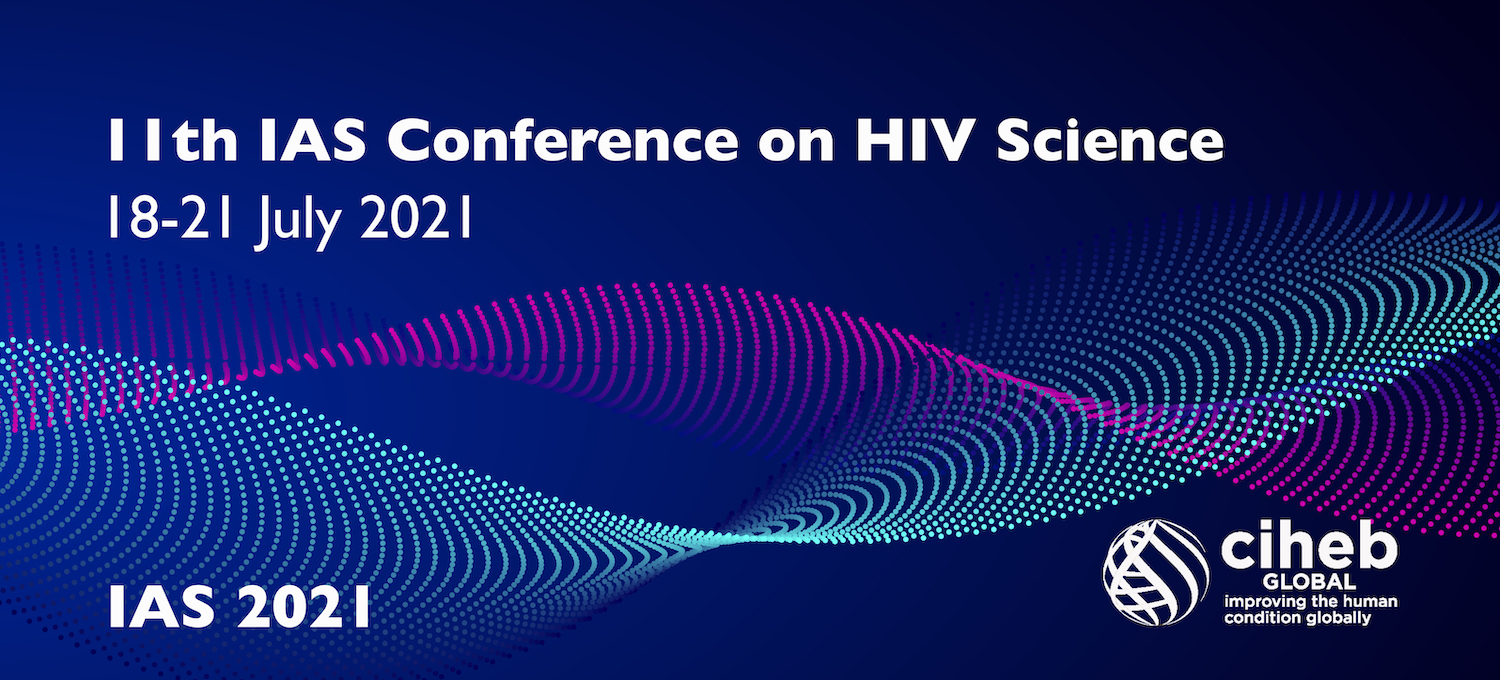 A blue and purple graphic background with text that says 11th I-A-S conference on H-I-V science. 18 through 21, July 2021.