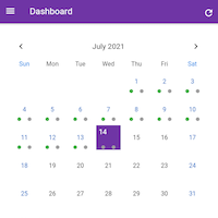 A dashboard with a purple stripe at the top and a July 2021 calendar. 