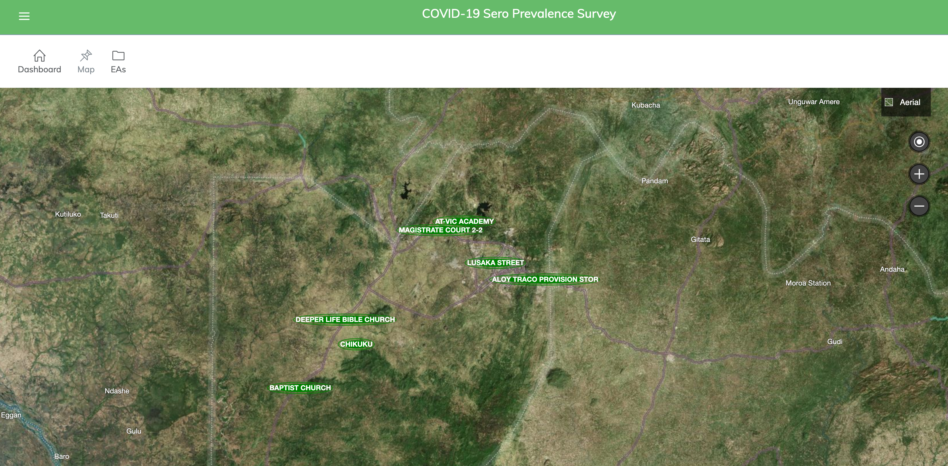 A screenshot of a dashboard showing a map of the COVID-19 seroprevalance survey