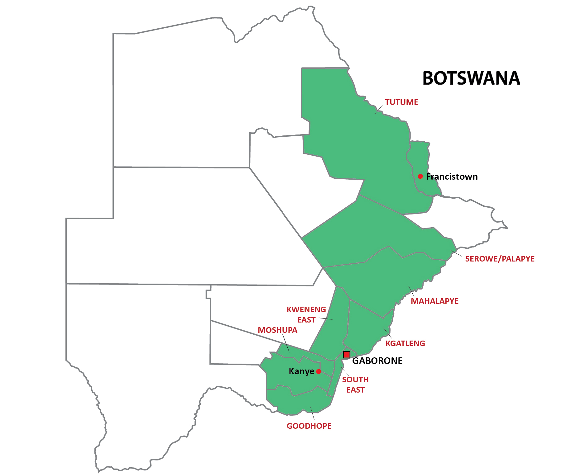 A map of the shaded in health districts that PEPFAR works in Botswana for tuberculosis.