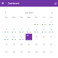 A dashboard with a purple stripe at the top and a July 2021 calendar.