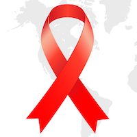 A red ribbon over a map silhouette of the world