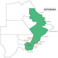 A map of Botswana with some districts shaded in green