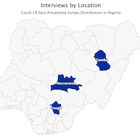 Interviews by location. Covid-19 sero prevalence survey distribution in Nigeria. A map of Nigeria with the states of Gombe, Nasarawa, and Enugu highlighted in blue.