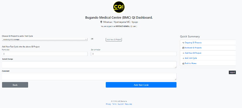 A screenshot of the Tanzania C-Q-I app for adding a test cycle.